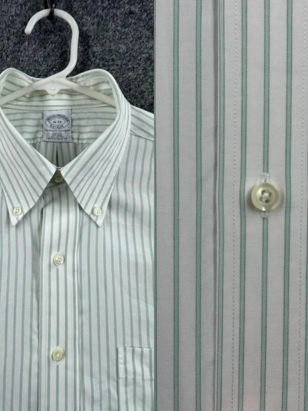 Brooks Brothers White Green 16 33 Slim Cotton Non-Iron Striped Button-Down Men